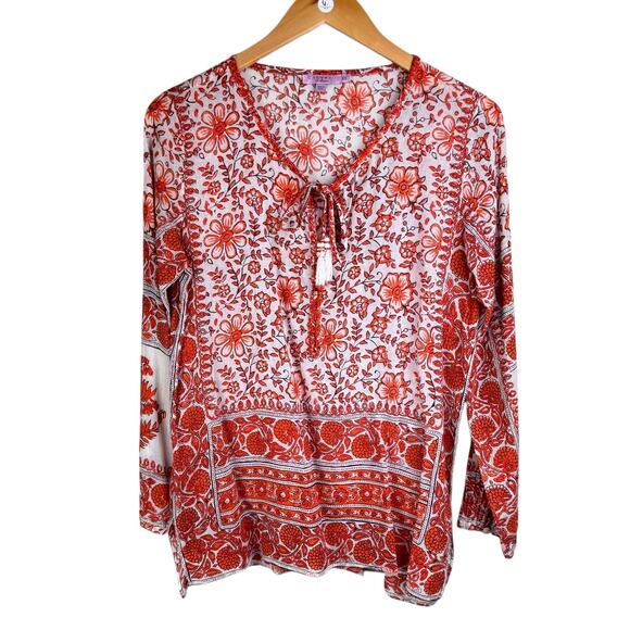 Calypso St. Barth Orange Floral Print Sheer Long Sleeve Tassel Tie Up Top - Picture 11 of 12